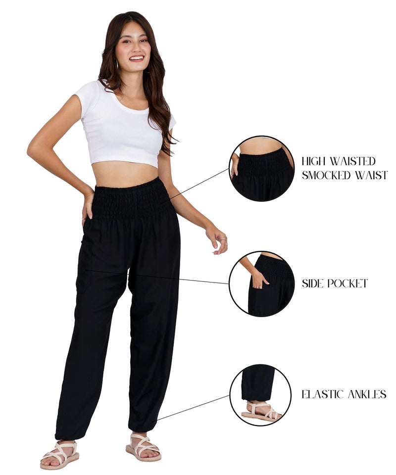 LOFBAZ Harem Pants for Women Yoga Boho Hippie Clothing Womens Palazzo Bohemian Pajama Beach Indian Gypsy Genie Clothes Solid 1 Black M - Image 3